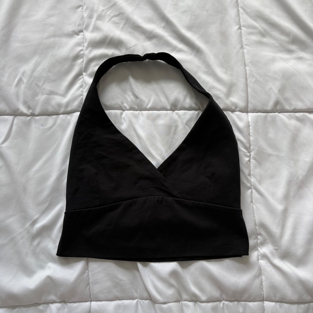 Subdued Black Halter Crop Top V-Neck Wrap Front Stretch Size Small Streetwear